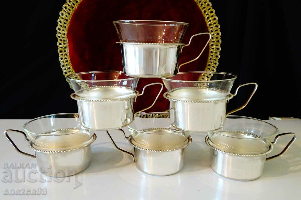 Silver-plated brass cups, 6 pcs., thermal glass.