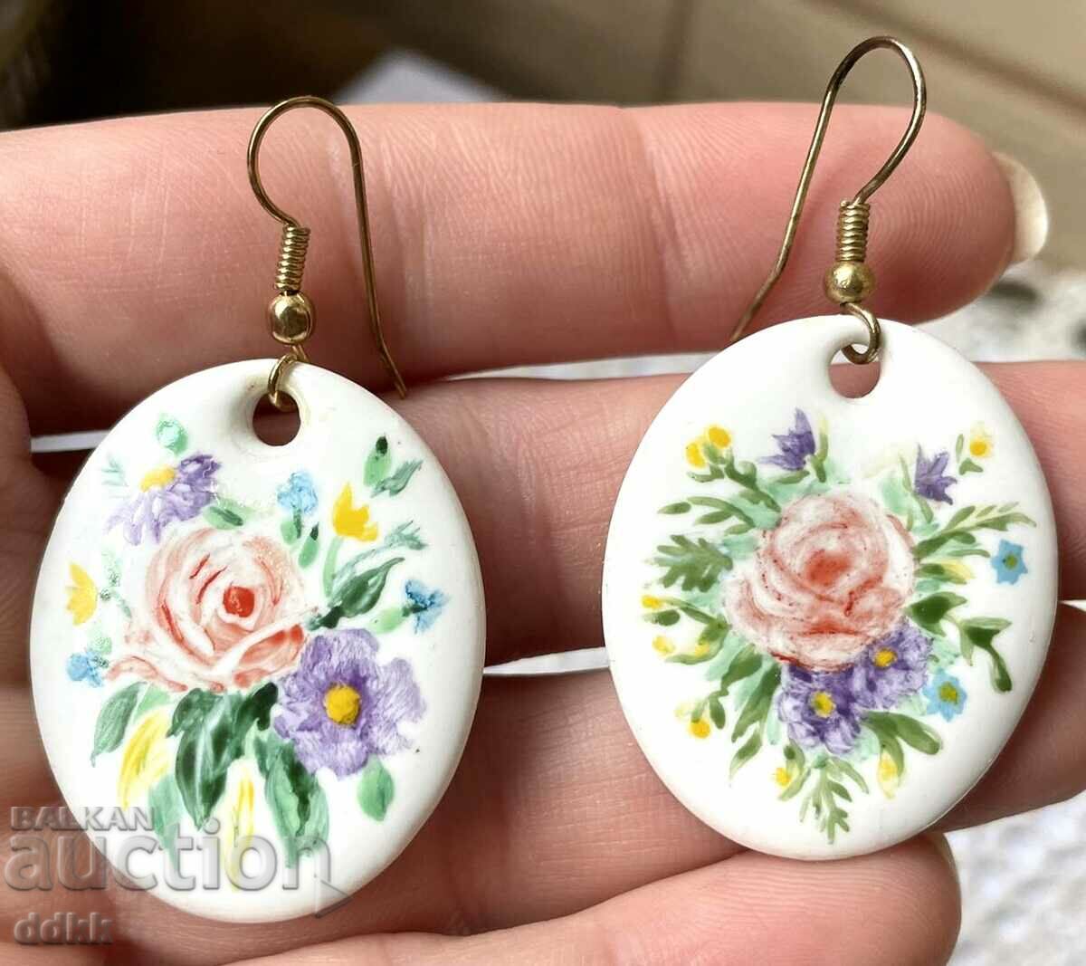 Beautiful large porcelain earrings, hand painted, from England