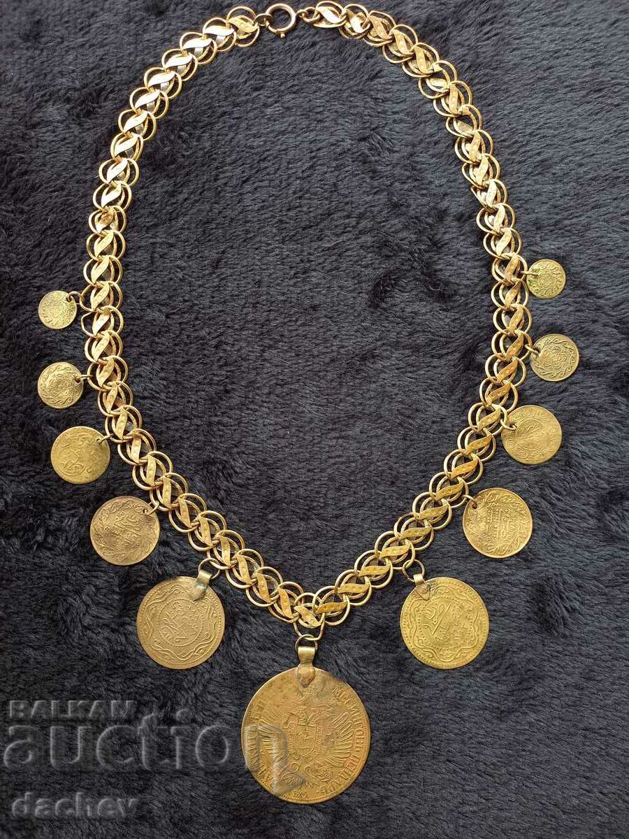 Gilt cordon 11 pendants folk necklace jewelry costume 1905