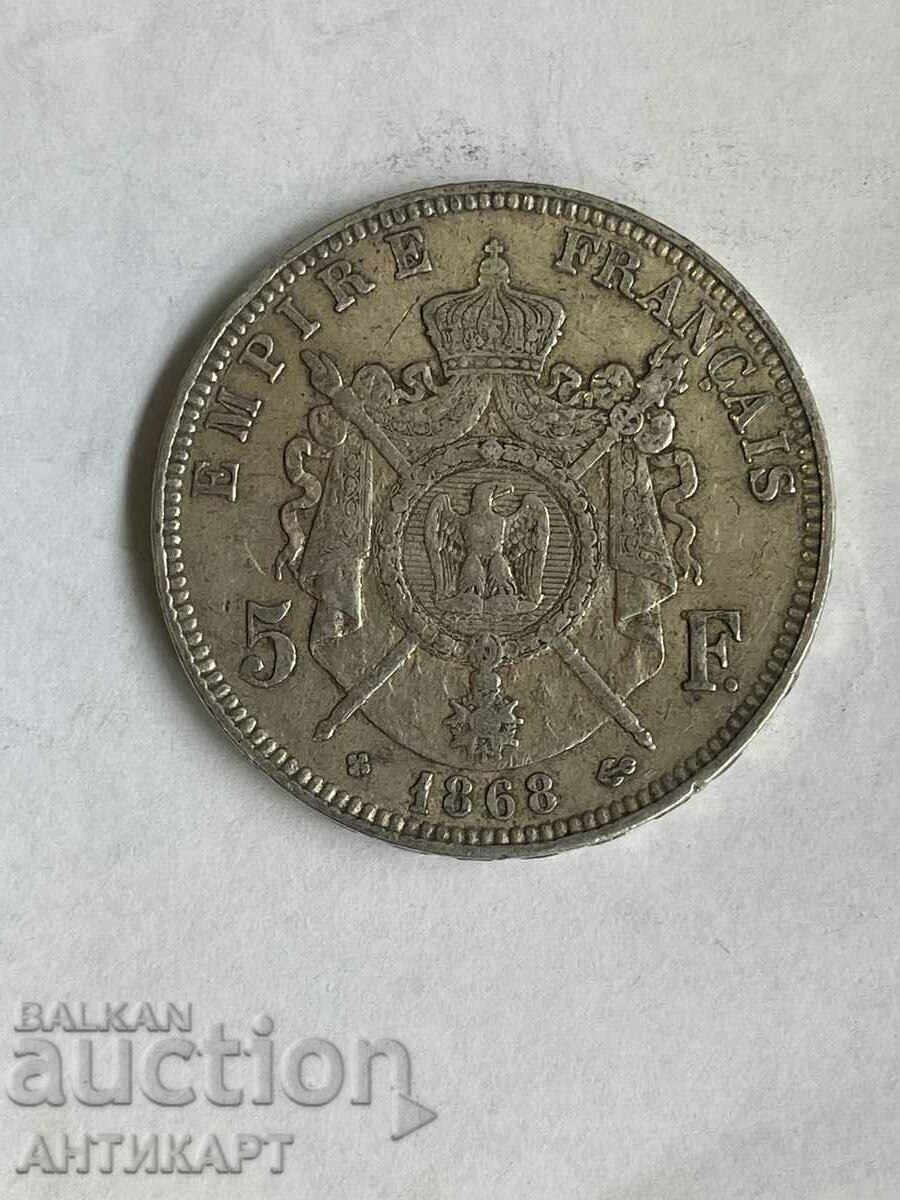 silver coin 5 francs France 1868 silver