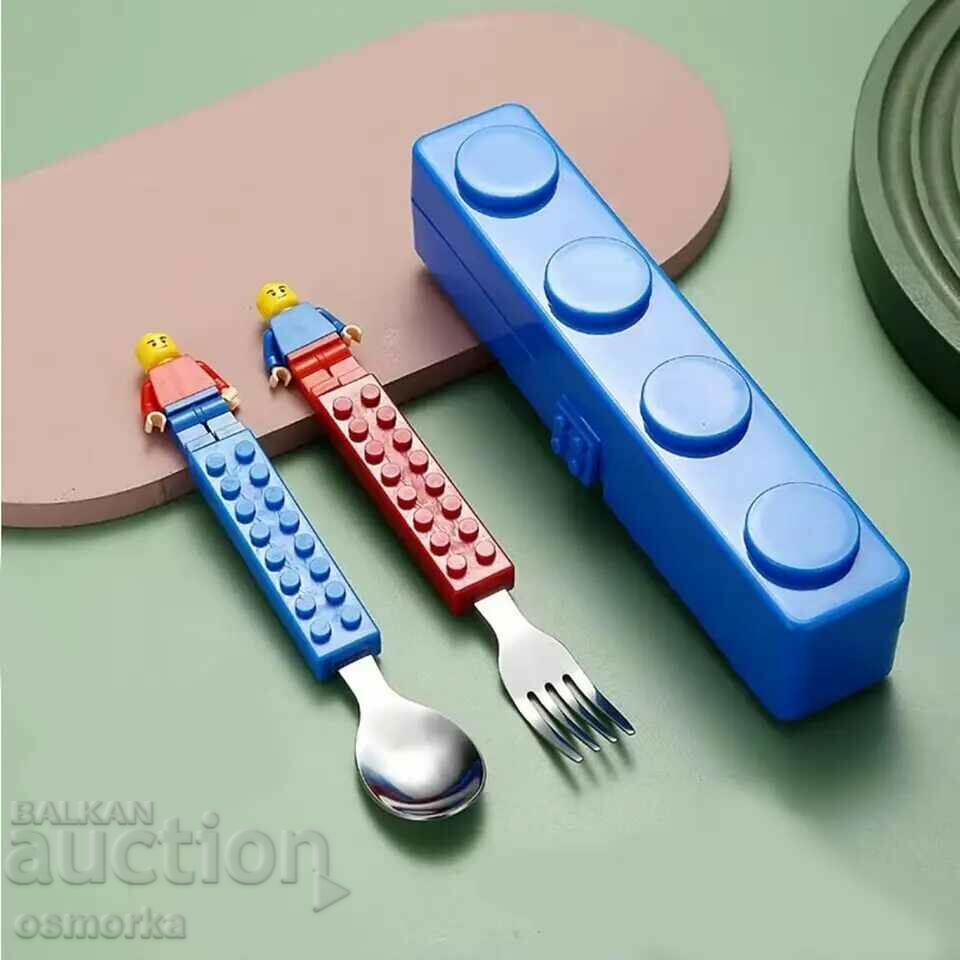 Spoon and fork with a handle in the shape of a Lego block