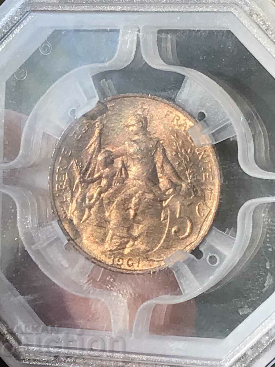 Franta 5 centimes 1901 grad MS 62