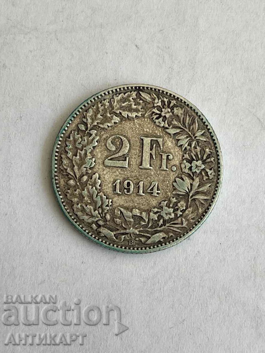 silver coin 2 francs Switzerland 1914 silver