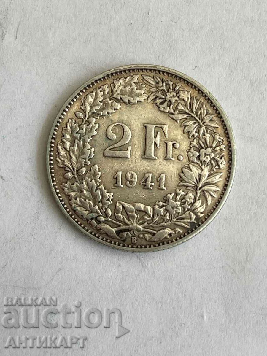 monedă de argint 2 franci Elveția argint 1941