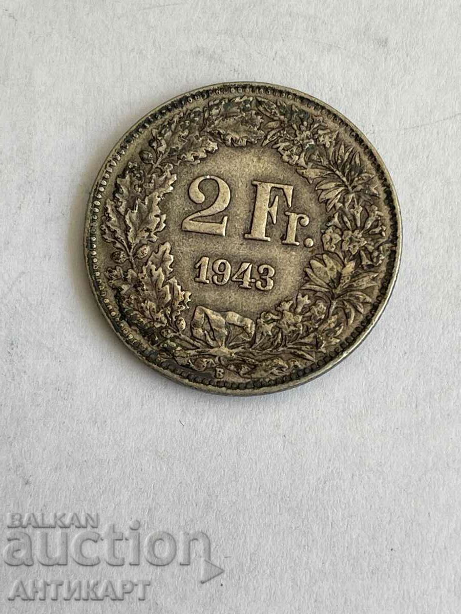 сребърна монета 2 франка Швейцария 1943 сребро