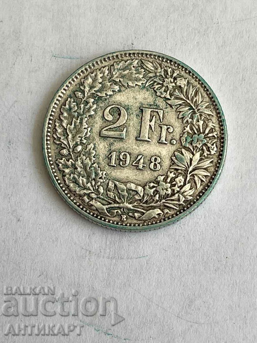 monedă de argint 2 franci Elveția argint 1948
