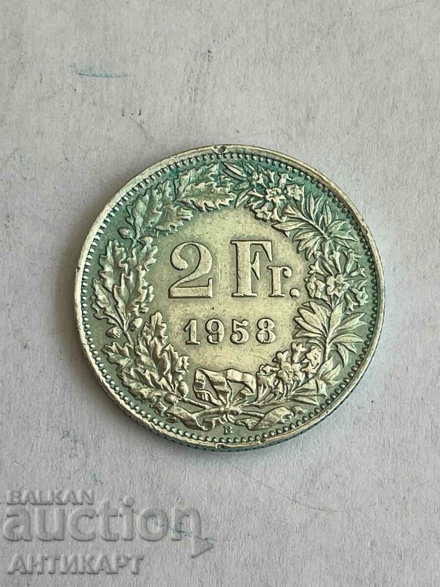 monedă de argint 2 franci Elveția argint 1958
