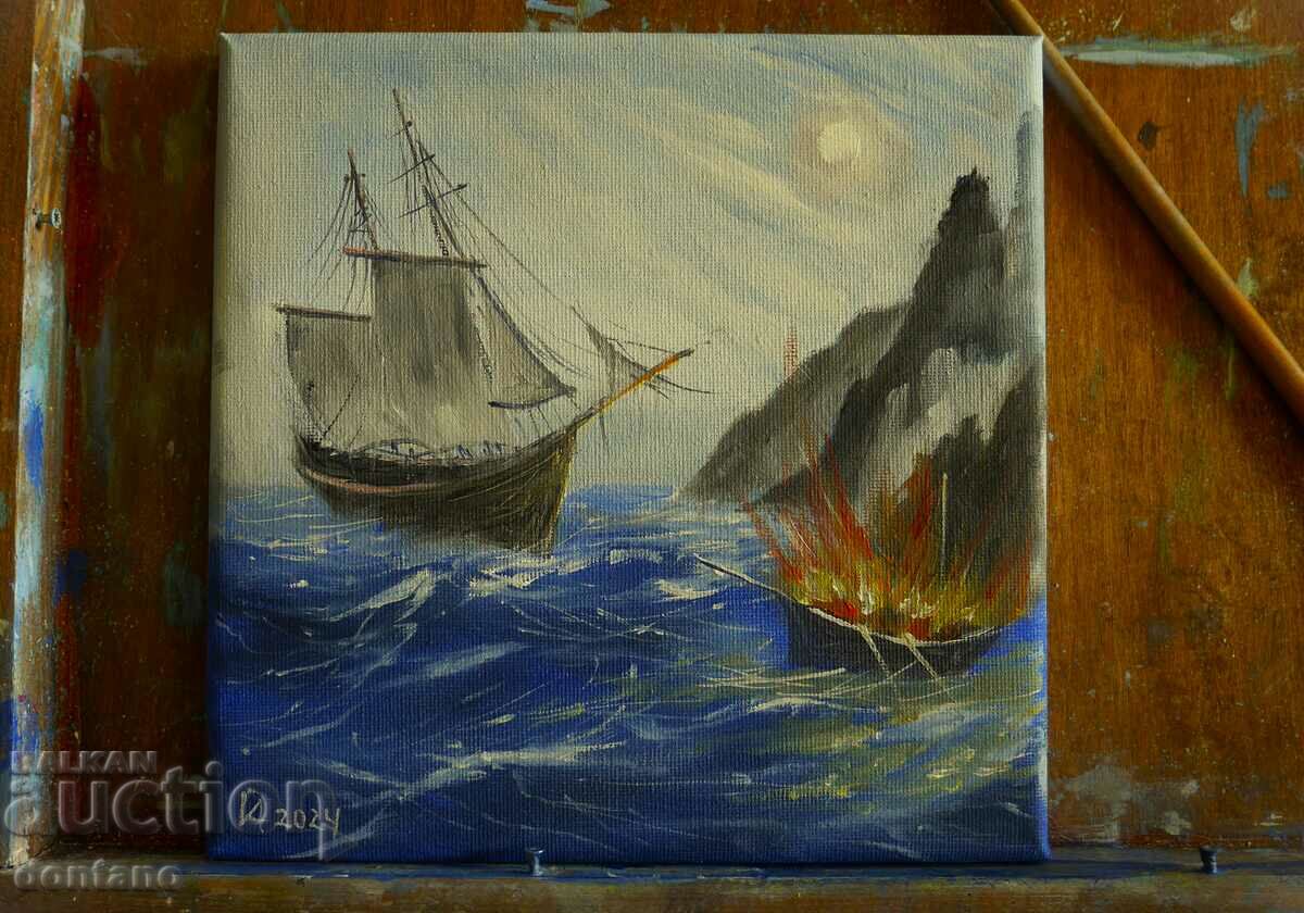 Pictura in ulei - Peisaj marin - Nava in mare 20/20 cm