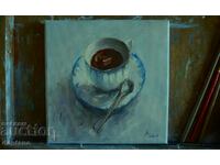 Pictura in ulei - Natura statica - Pahar de ceai de dupa-amiaza 20/20 cm