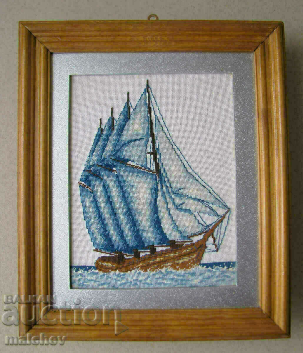 Tapestry Ship sailing schooner, stitch 1 mm, wood. frame 24/28 cm