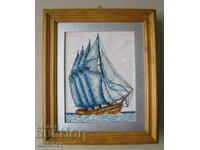 Tapestry Ship sailing schooner, stitch 1 mm, wood. frame 24/28 cm
