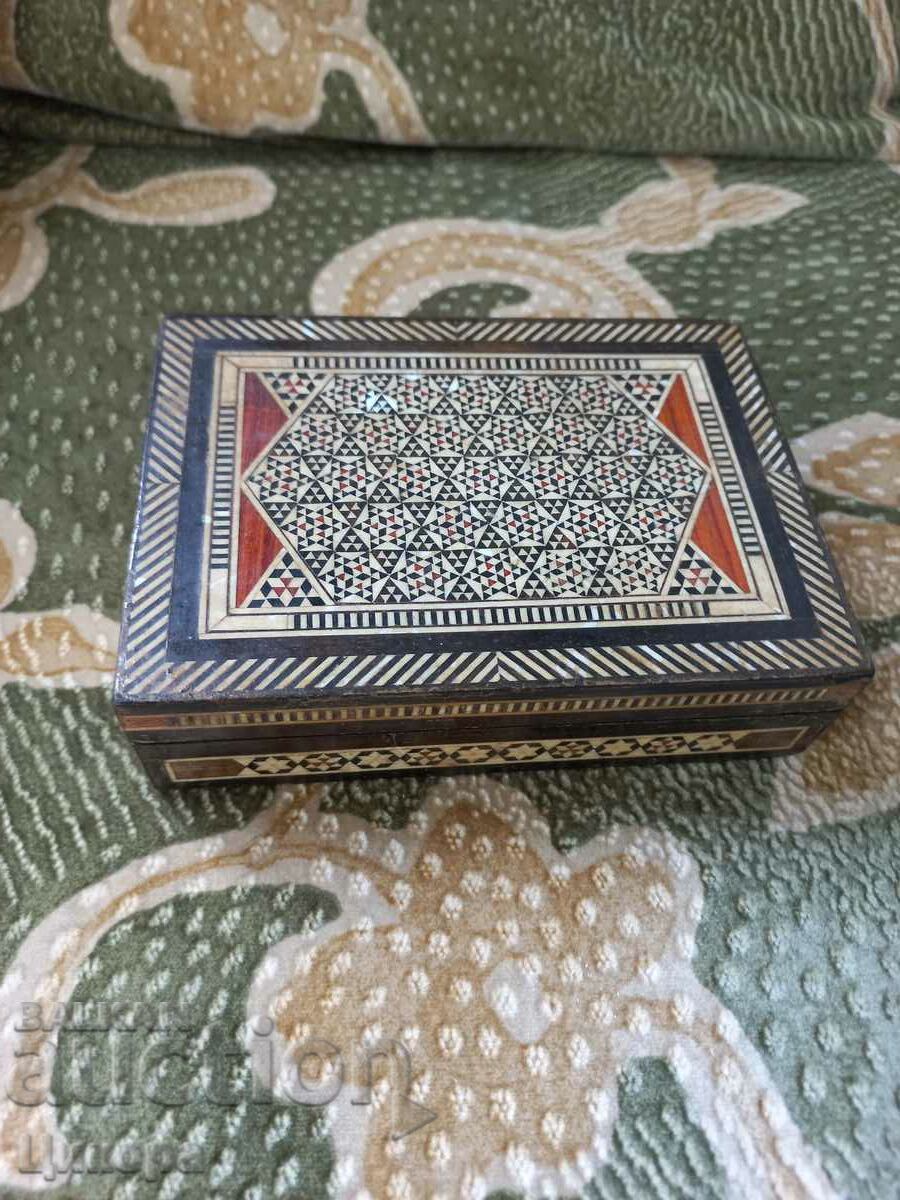 OLD WOODEN BOX WITH MOTHER OF PEARL