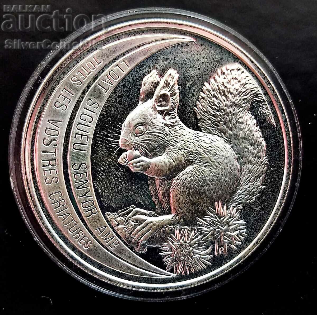 Silver 10 Dinars Squirrel 1992 Endangered Animals Andorra