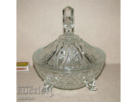 Old glass candy jar 18 cm with lid and 3 legs, excellent
