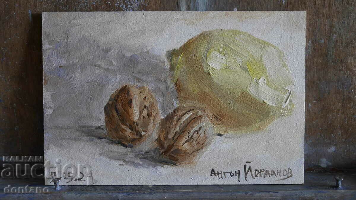 Small oil painting - Still life - Nuts and lemon 15/10 cm