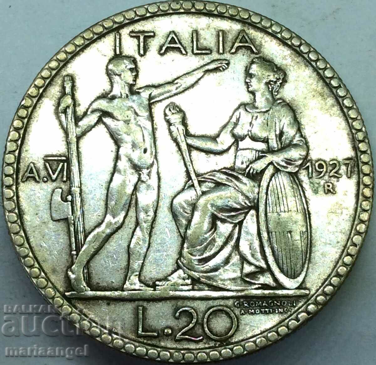 20 Lire 1927 R-Roma Italia Victor Emmanuel II Argint