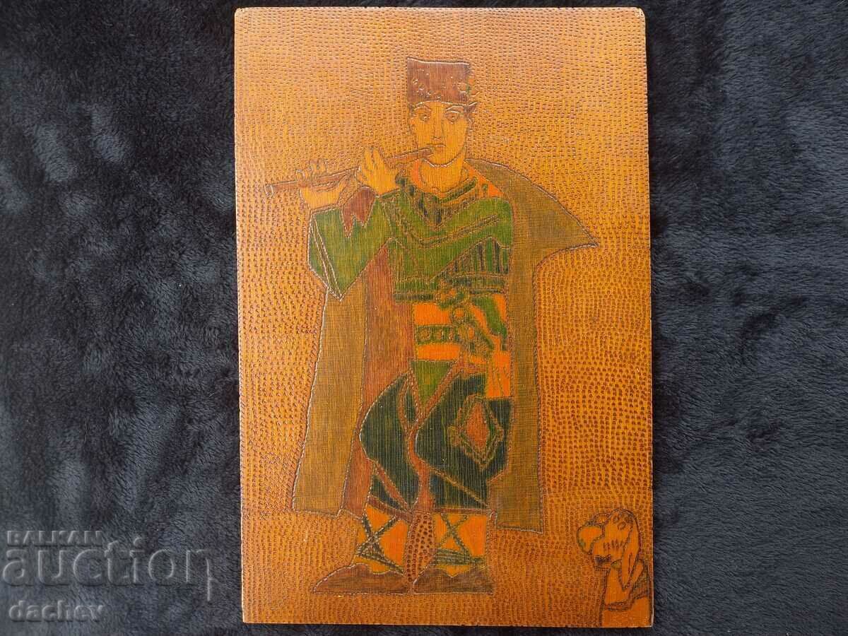 Licitație Poză veche pirografată Folclor bulgar Băiat în costum