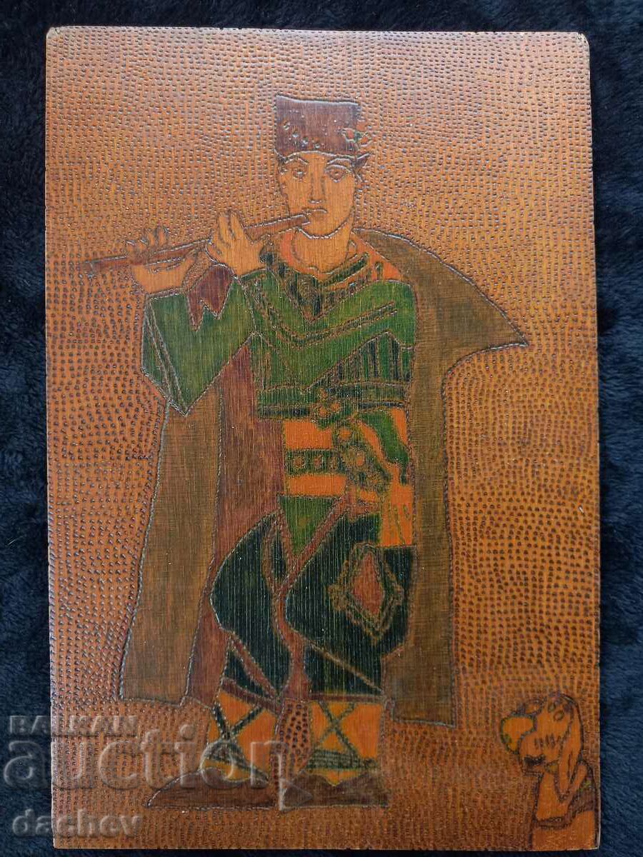 Old pyrographed picture Bulgarian folklore Boy in costume