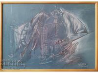 Картина, корабокрушение, море, буря, худ. Боян Янев, 2000 г.