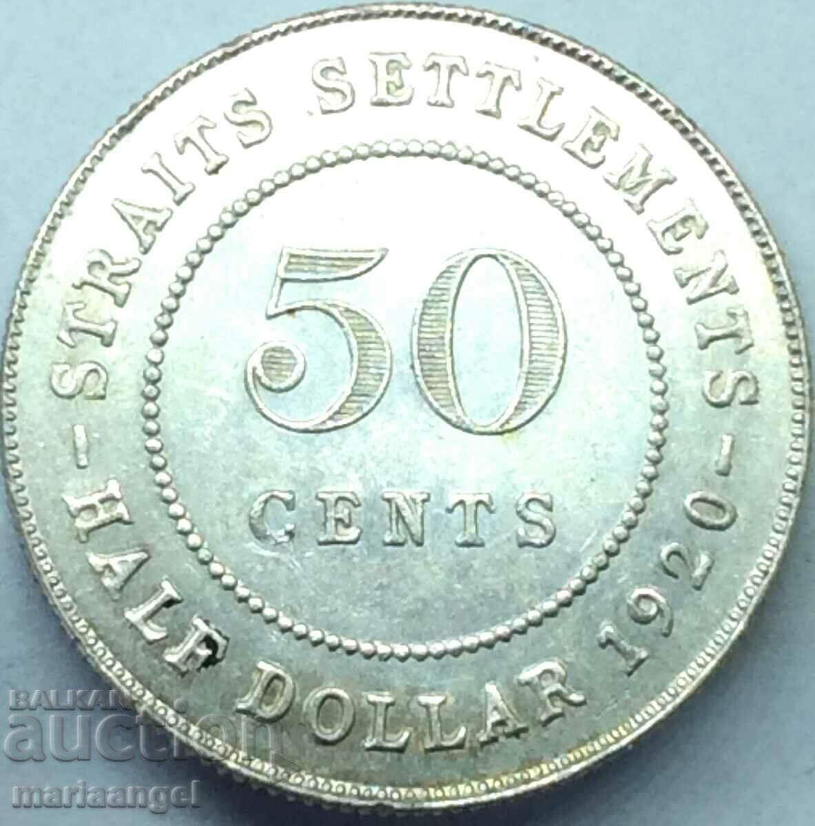 50 cents 1920 Straits Settlement George V Silver