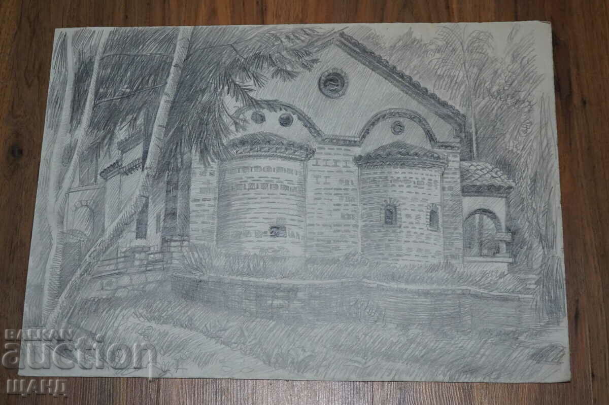 Стара Майсторска Картина Рисунка молив църква