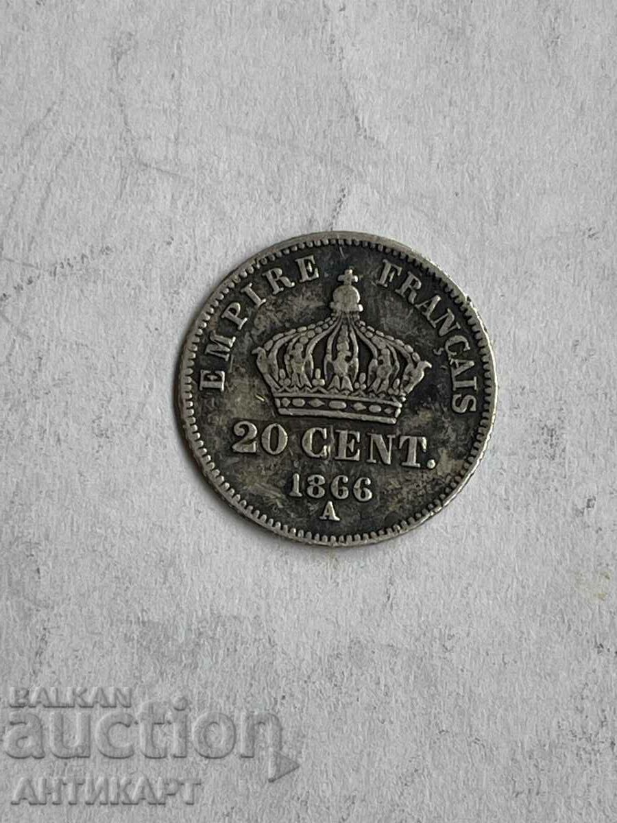 сребърна монета 20 сантима 1866 A Франция сребро