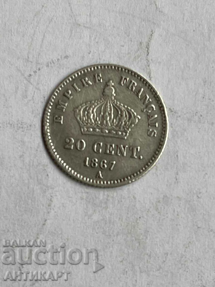 сребърна монета 20 сантима 1867 A Франция сребро