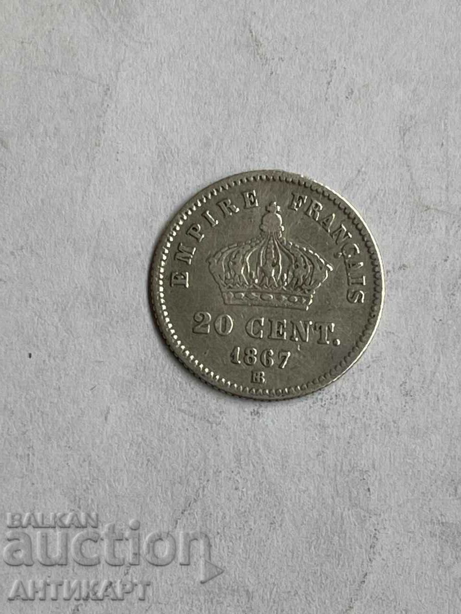 сребърна монета 20 сантима 1867 ВВ Франция сребро