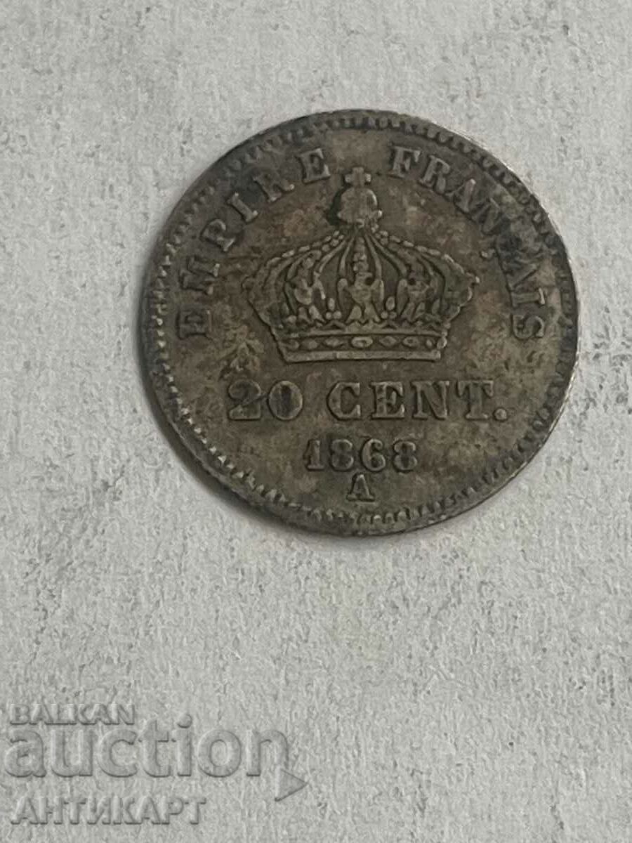 ασημένιο νόμισμα 20 centimes 1868 Ένα ασήμι Γαλλίας