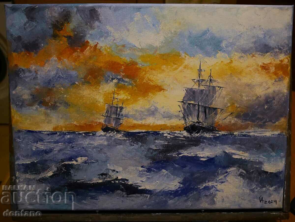 Маслена картина - Кораби на хоризонта - Морски пейзаж 40/30