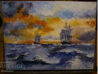 Oil painting - Ships on the horizon - Seascape 40/30