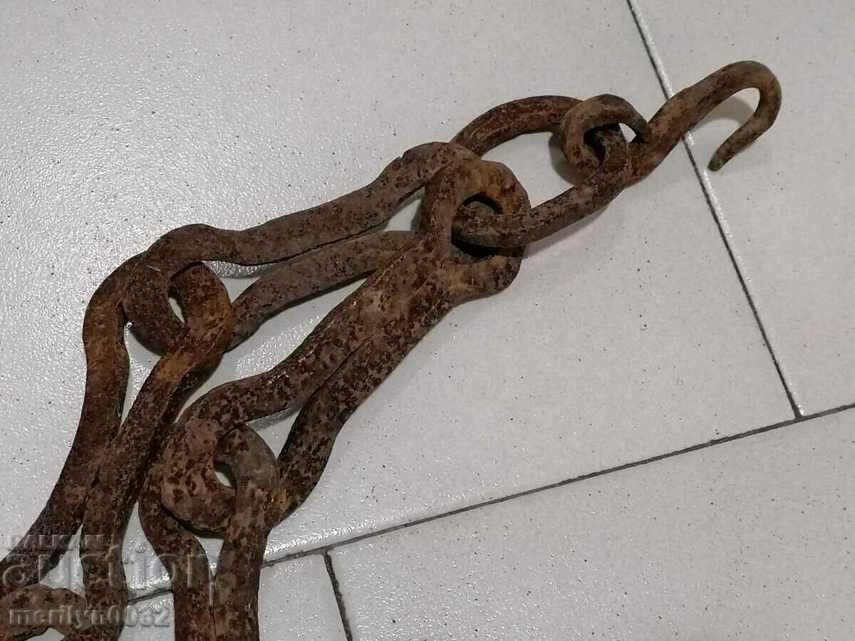 Δημοπρασία Παλιά αλυσίδα από σφυρήλατο σίδερο με γάντζο, αλυσίδα με γάντζο εστίας