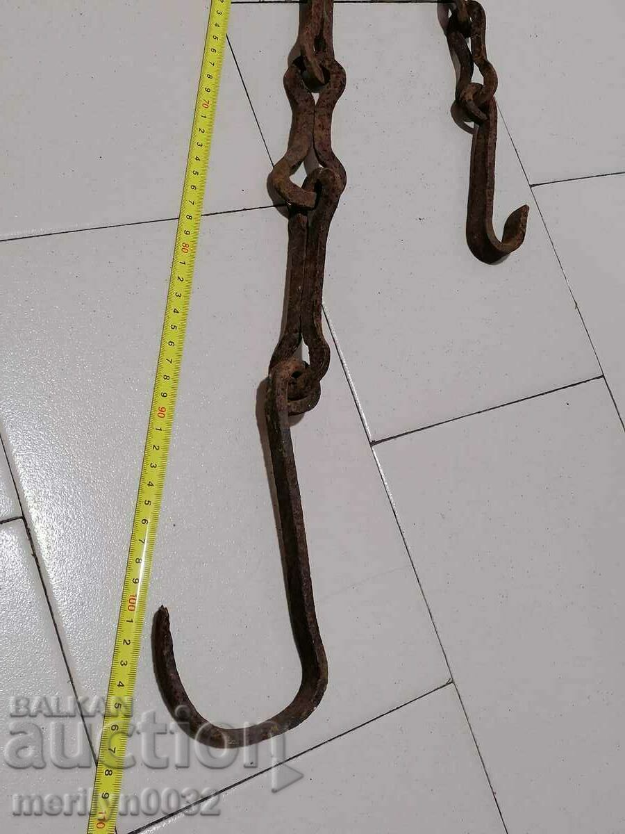 Παλιά αλυσίδα από σφυρήλατο σίδερο με γάντζο, αλυσίδα με γάντζο εστίας - 5