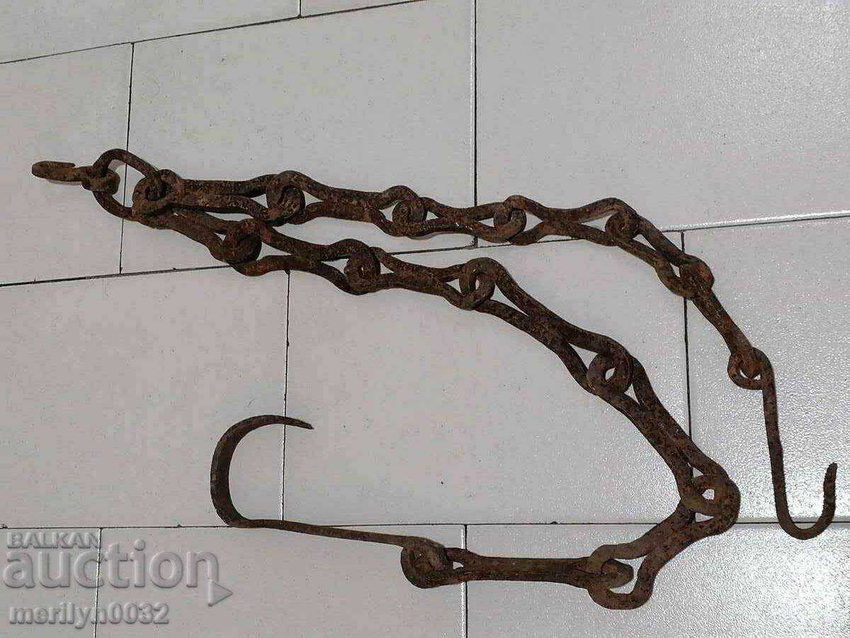 Παλιά αλυσίδα από σφυρήλατο σίδερο με γάντζο, αλυσίδα με γάντζο εστίας - 6