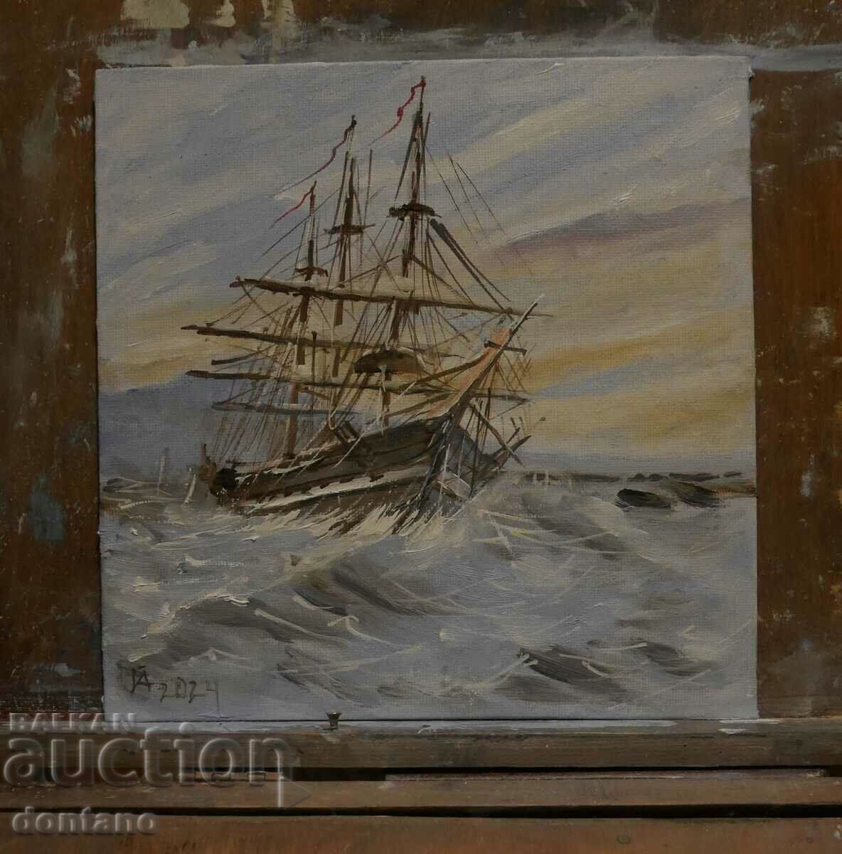 Маслена картина - Морски пейзаж- Кораб в морето 20/20 см