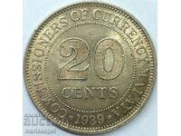 Straits Settlement 1939 20 cents Malaya UNC Silver Patina