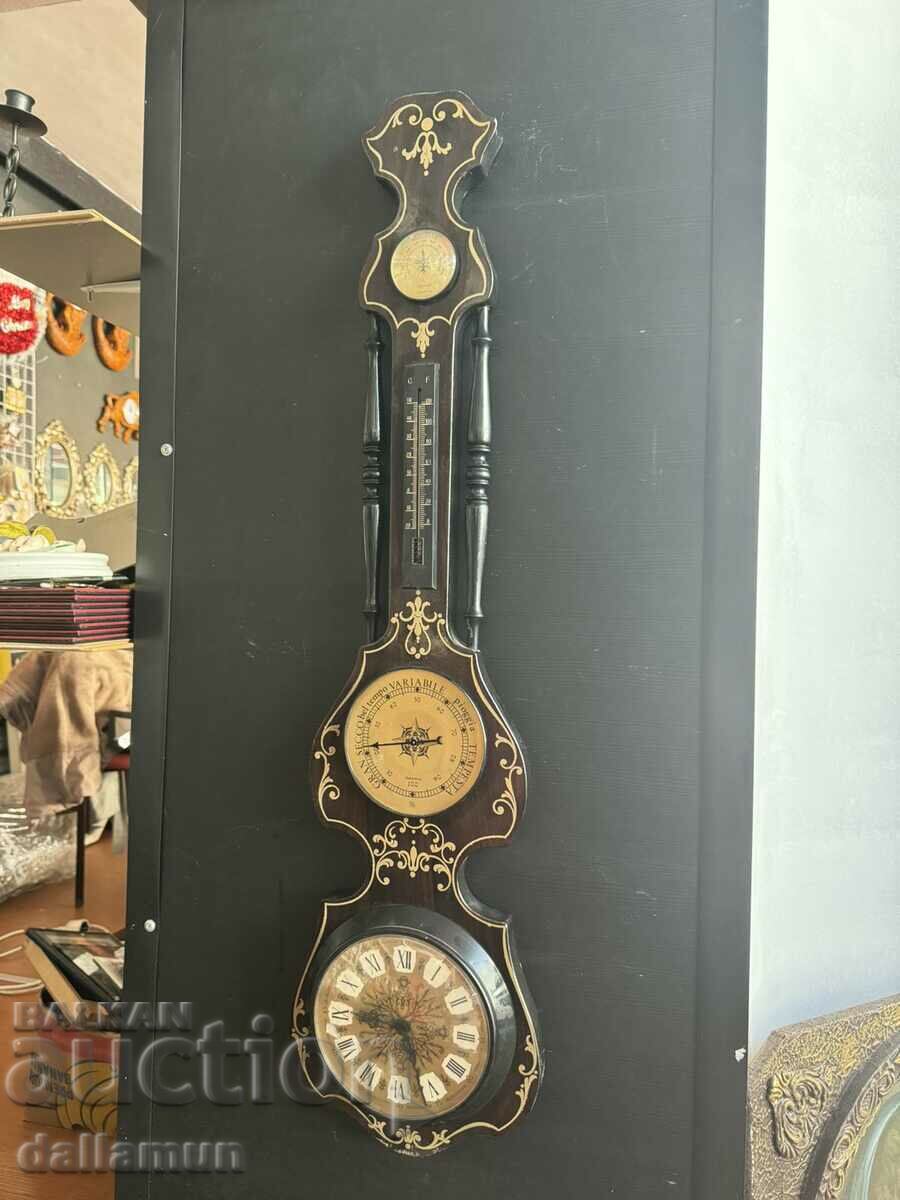 Termometru vechi din lemn, barometru, ceas de perete