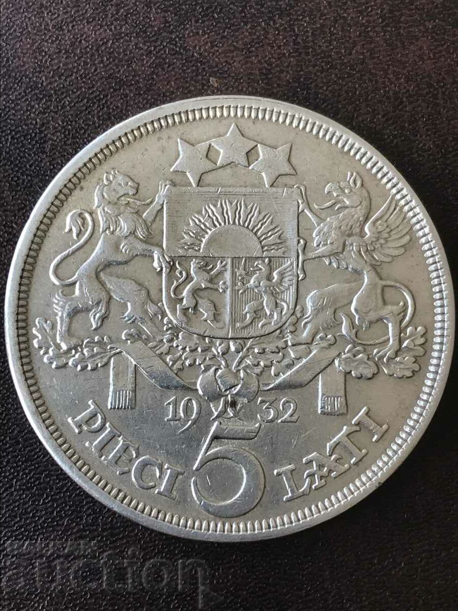 Латвия 5 лати 1932 сребро