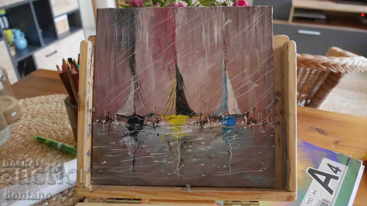 Abstract oil painting - Seascape - Boats 20/20 cm