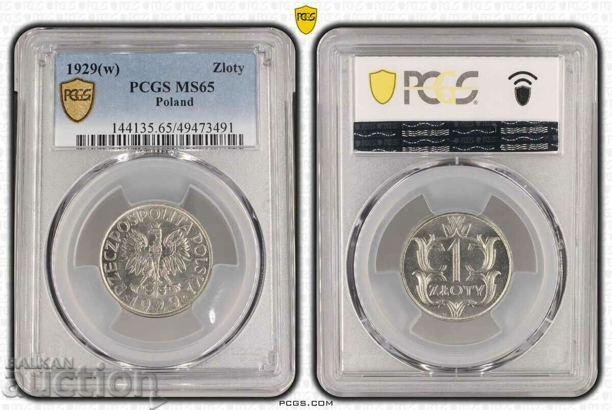 RRR! Poland 1 Zloty 1929 MS65 PCGS