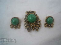 GOLD PLATED MALACHITE BROOCH AND EARRINGS