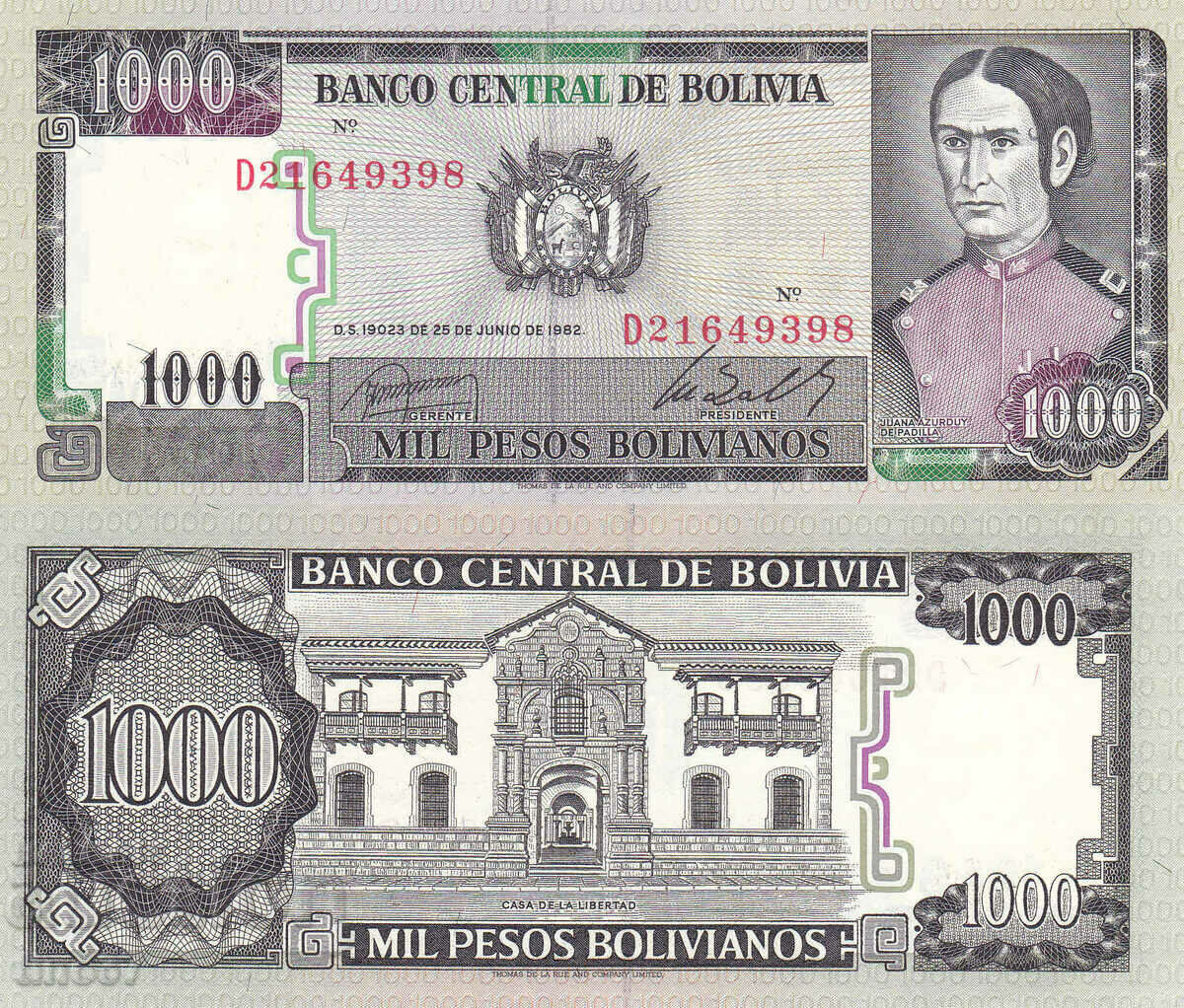 tino37- BOLIVIA - 1000 PESOS BOLIVIANOS - 1982 - UNC
