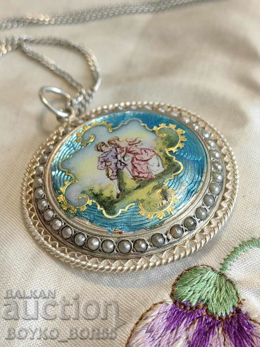 Auction  Unique! Antique Filigree Silver Pendant with Enamel and Pearls
