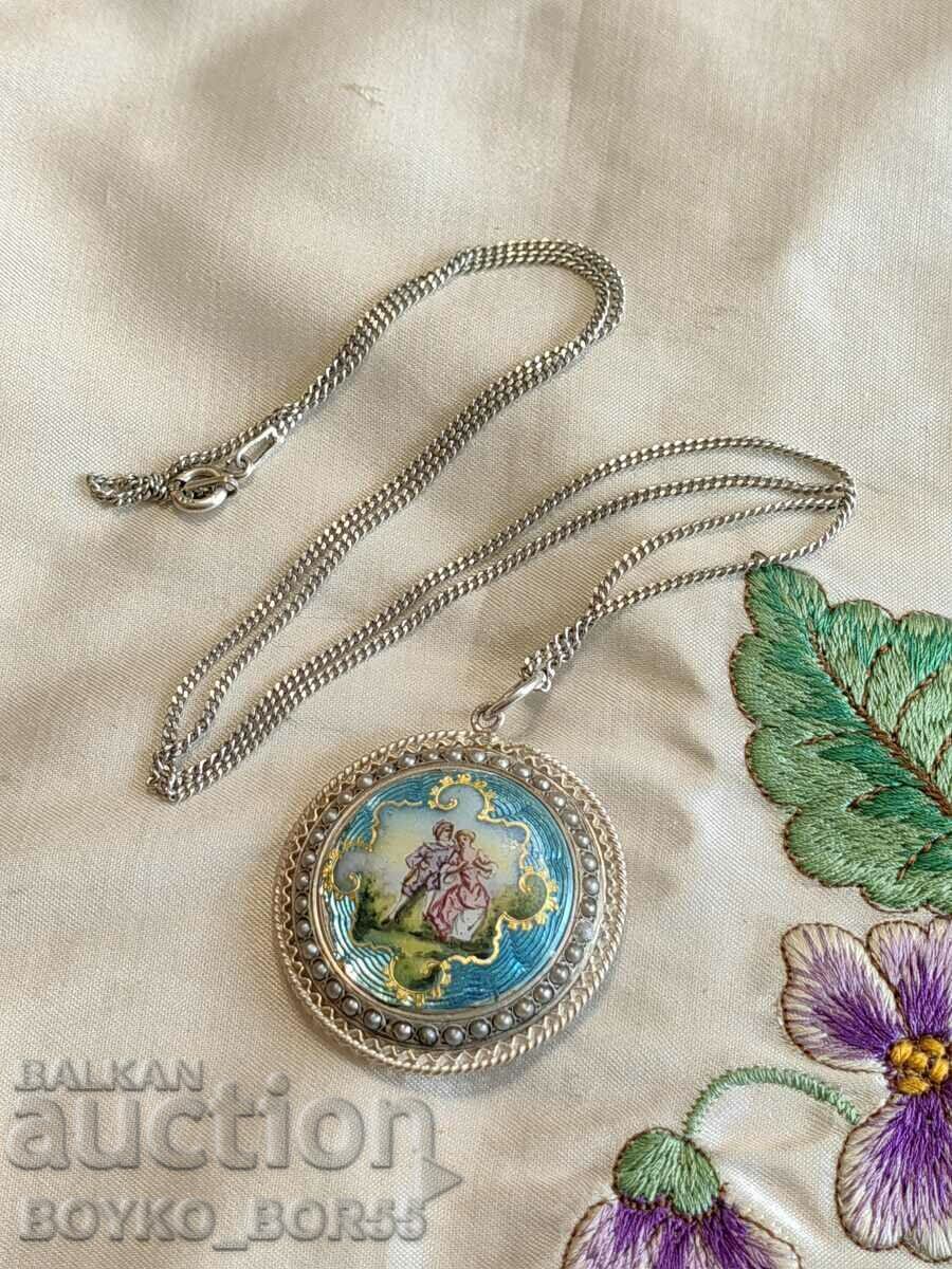 Delivery of Unique! Antique Filigree Silver Pendant with Enamel and Pearls