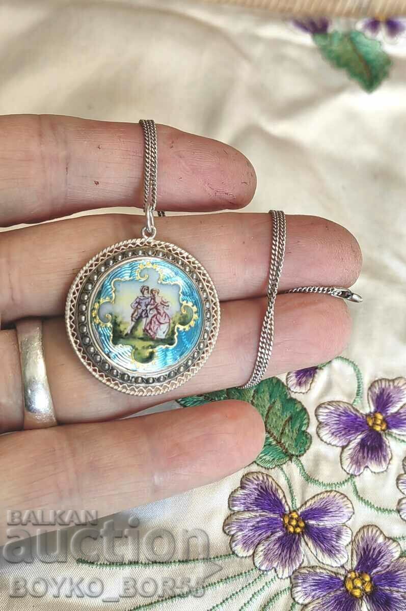 Unique! Antique Filigree Silver Pendant with Enamel and Pearls - 5