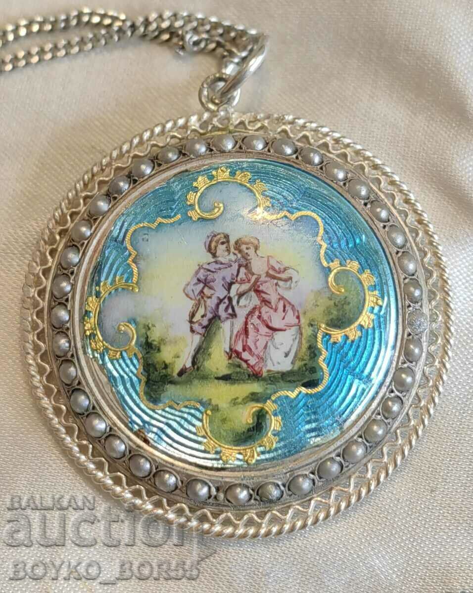 Unique! Antique Filigree Silver Pendant with Enamel and Pearls