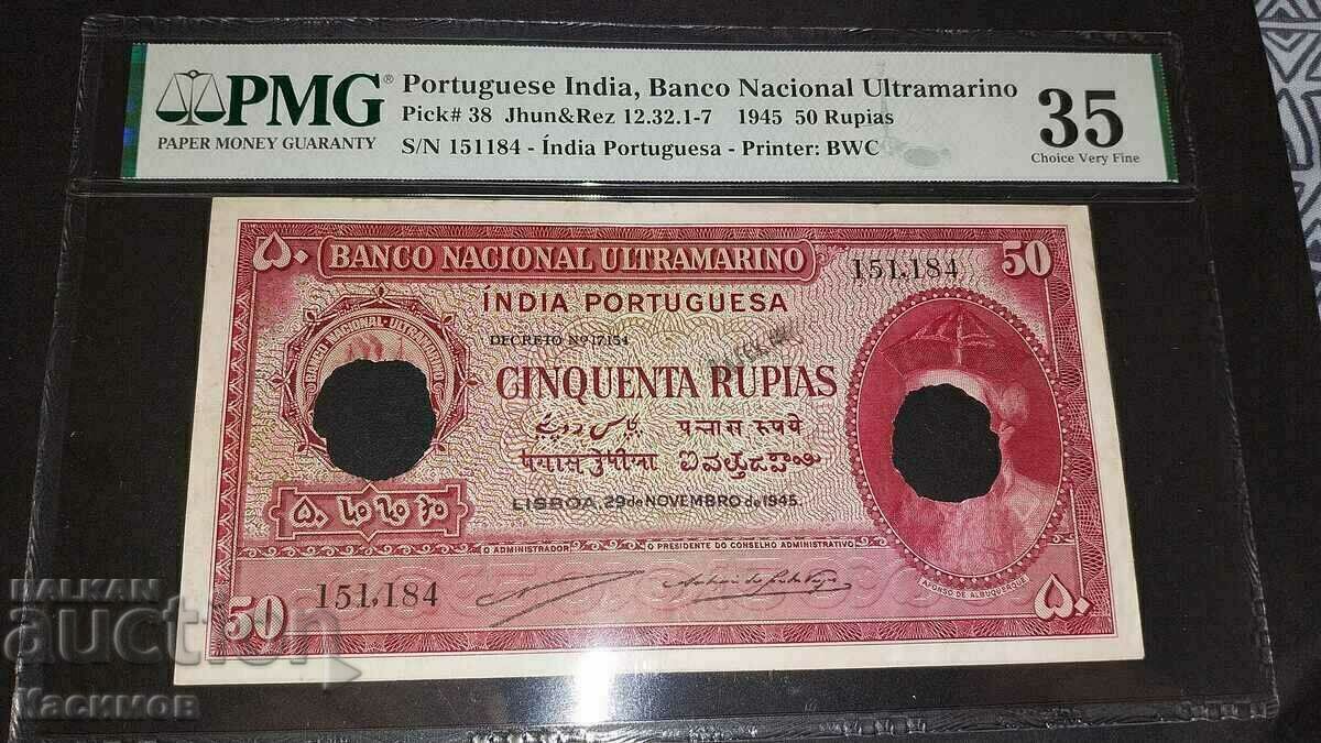 Bancnotă certificată din colon portughez India 50 p PMG35