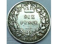 Великобритания 6 пенса 1873 млада Виктория сребро