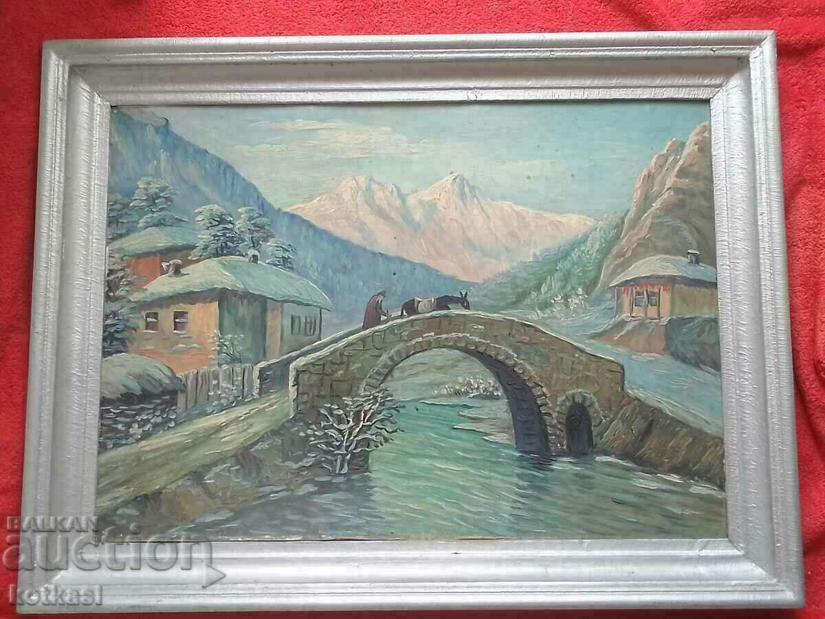 Autorul bulgar comunism pictează în ulei phaser Landscape Bridge