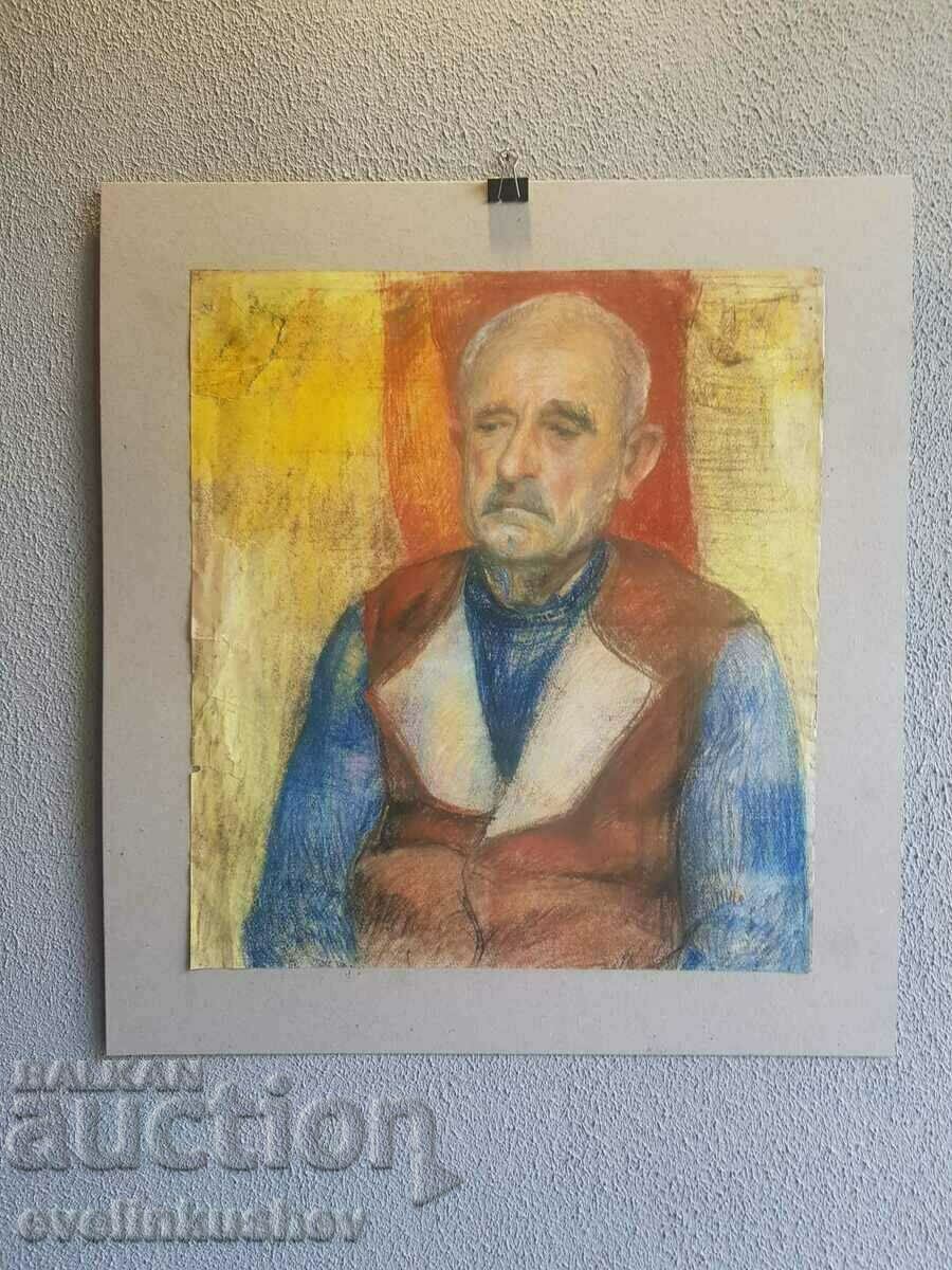 Pictură portret de bărbat, pastel pe carton